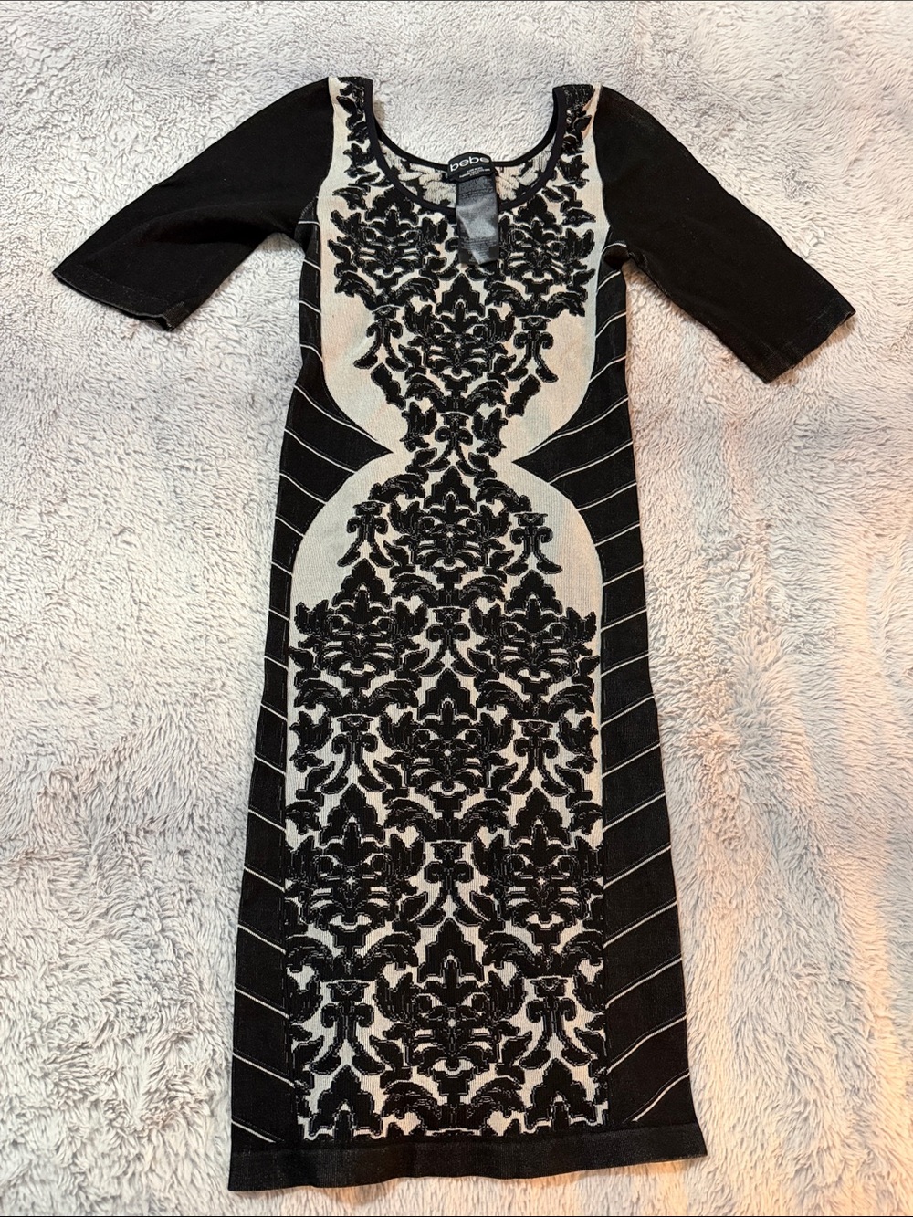 bebe Black and Cream Damask Midi Dress